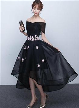 Picture of Black Color Off Shoulder High Low Party Dress with Flower Lace, Black Color Short Homecoming Dress